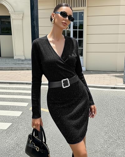 Bebonnie Womens Sexy V Neck Batwing Sleeve Sparkly Cocktail Party Sweater Dresses Holiday Bodycon Midi Dress