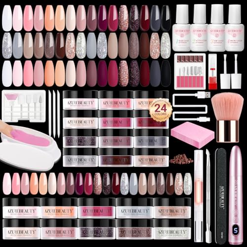 AZUREBEAUTY Dip Powder Nail Kit with Electric Nail Drill, 24 Colors Nude Pink Glitter Nail Powder Starter Kit with Dip Liq...