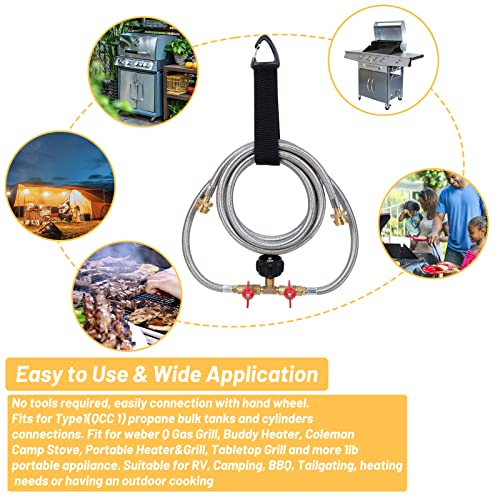Propane Y Splitter Hose 2 Way Stainless Steel Braided Y Splitter CGA Propane Tank Converter Adapter Hose 5 FT Propane Hose...