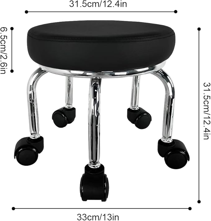 WKWKER Modern Roller Seat PU Leather Low Round Rolling Stool 360° Swivel Small Low Seat with Universal Caster Wheels Foot Stool for Home Office Garage Shop Fitness Sport H：12.4" （Black）