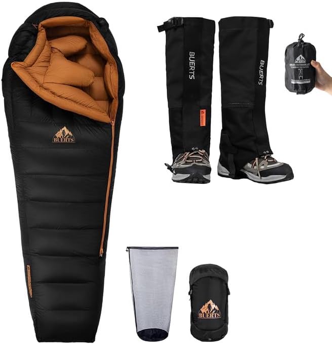 BUERTS Ultralight Down Sleeping Bag and Hiking Gaiter Combo,a combination of a 3 season sleeping bag(45 to 20℉)and 900D wa...