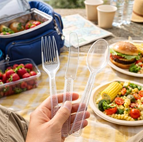 Party Dimensions 300 Count Plastic Cutlery Combo Box, Disposable Clear Plastic Silverware Utensils Set, 100 Forks, 100 spo...