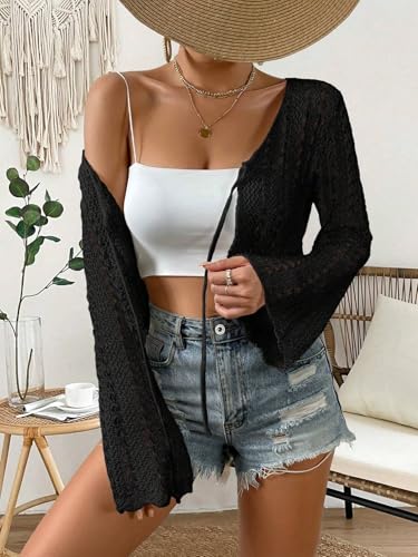 Womens Tie Front Crochet Cardigans Bell Long Sleeve Shrugs Summer Lightweight Sweaters Cropped Tops Beach Cover Up