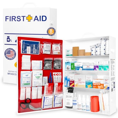 MFASCO 4 Shelf Commercial First Aid Kit, Type I & II, 2021 OSHA Approved,ANSI Z308.1-2021 Compliant, 528 pcs Latex-Free, W...