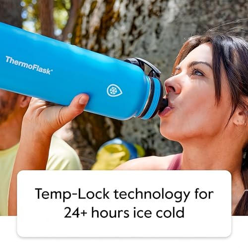 ThermoFlask 24 oz Double Wall Vacuum Insulated Stainless Steel Water Bottle - Reusable with Leakproof Chug & Straw Lids - ...