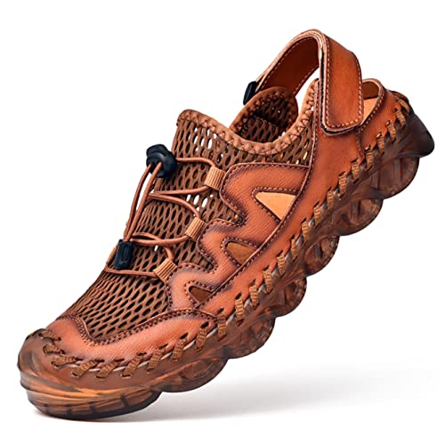 Qiucdzi Mens Closed Toe Sandals, Sport Sandals Casual Leather Handmade Sandals Adjustable Fisherman Beach Sandals For Outd...