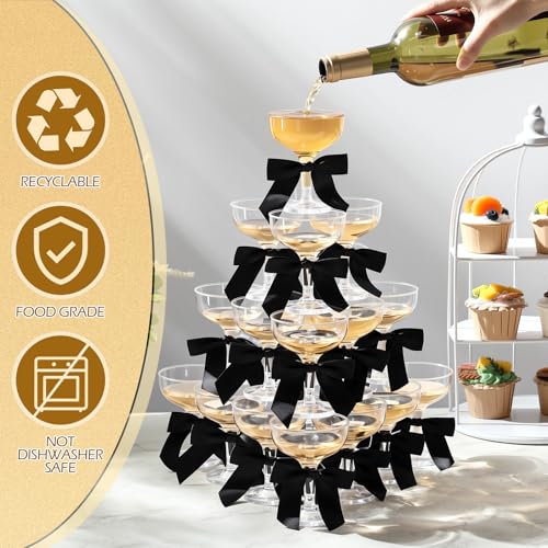 Zopeal 30 Set Champagne Tower Champagne Coupe Cocktail Glasses 5 oz with Satin Ribbon Bows 3.5 Inch Plastic Margarita Mart...