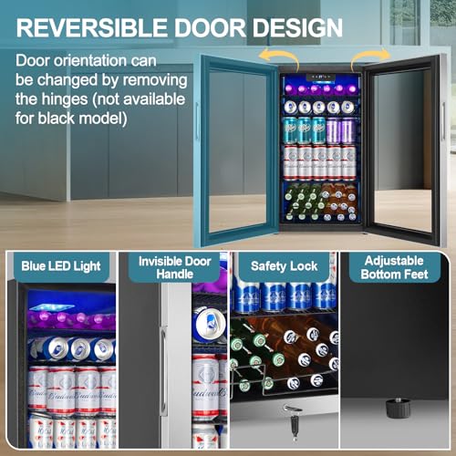 128 Cans Beverage Refrigerator Cooler, 3.2 Cu.Ft Mini Drink Fridge Glass Door for Drink Beer Soda Wine, Beer Fridge with 4...