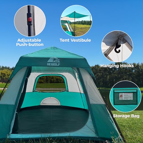 Hewolf 3-4 Person Tents for Camping, Waterproof Easy Pop Up Instant Tent Sets Up in 60 Seconds for Family Outdoor Hiking &...