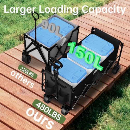 InBrave Extra Long Collapsible Wagon Cart, 480LBS Heavy Duty Utility Wagons with All-Terrain Wheels, Foldable Grocery Cart...