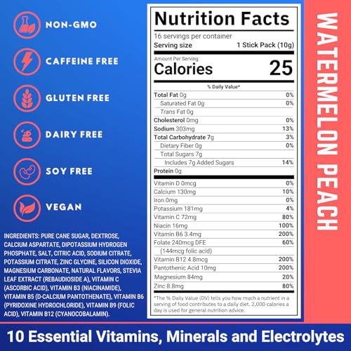 Muscle I.V.® Hydration Electrolyte Drink Mix - Watermelon Peach - 16 Easy Open Single Serve Powder Stick Packs | Caffeine ...