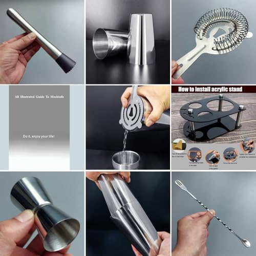 5 Piece Cocktail Shaker Bartender Kit: 750/600ml(25/20oz) Cocktail Shaker Set with Stand, Drink Mixing Includes Martini Sh...