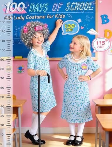 Jeowoqao Old Lady Costume for Kids, 100 Days of School Costume Girls Old Lady Dress，Granny Wig with Wig Cap Grandma Dress ...