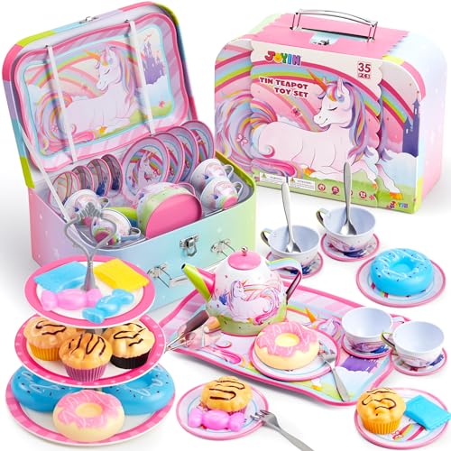 JOYIN 35Pcs Unicorn Tea Party Set for Little Girls, Pretend Tin Teapot Set, Princess Tea Time Play Kitchen Toy with Desser...