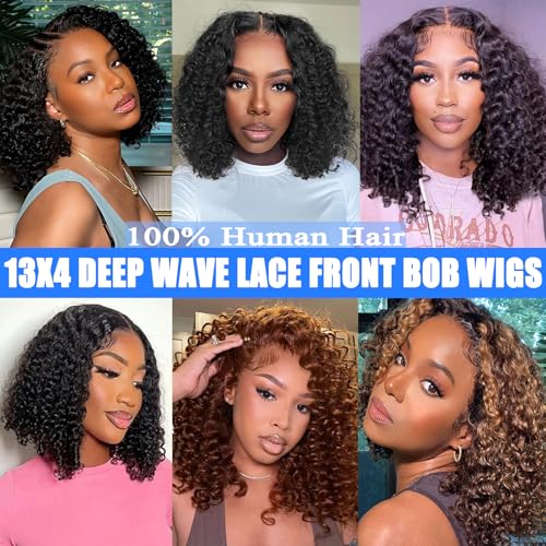 16 Inch Short Curly Bob Wigs Human Hair 13x4 Deep Wave Lace Front Wigs Human Hair for Black Women HD Lace Front Wigs Human Hair Pre Plucked with Baby Hair Chocolate Brown