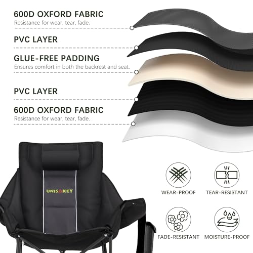 Unisakey Oversized Rocking Camping Chair with Headrest & Cup Holder - 400lbs Capacity, 600D Oxford Fabric, Easy Fold Porta...