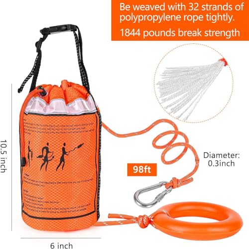 NTR Water Rescue Throw Bag with 50/70/98 Feet of Rope in 3/10 Inch Tensile Strength Rated to 1844lbs, Throwable Device for...