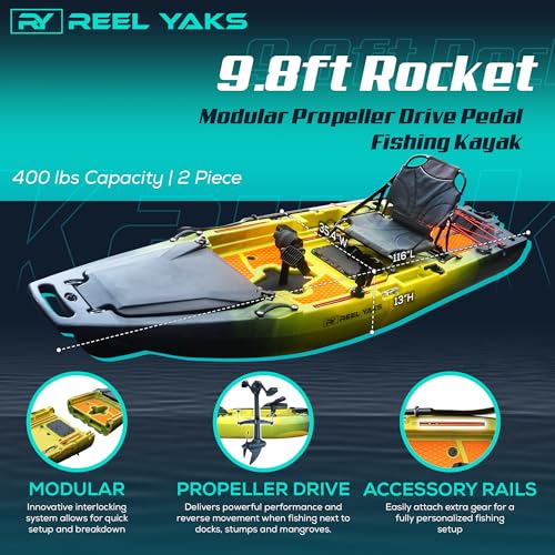 Reel Yaks Rocket Modular Fishing Kayak - 9.8ft Lightweight, Sit On Top Kayak for Adults & Youth - Stable & Portable, Ideal...