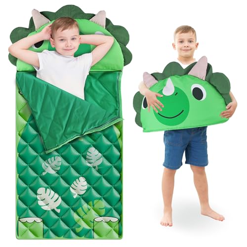 iPlay, iLearn Kid Sleeping Bag, Dinosaur Slumber Sack, Toddler Boy Nap Mat, 2 in 1 Green Dinos Cushion Blanket, Happy Trav...