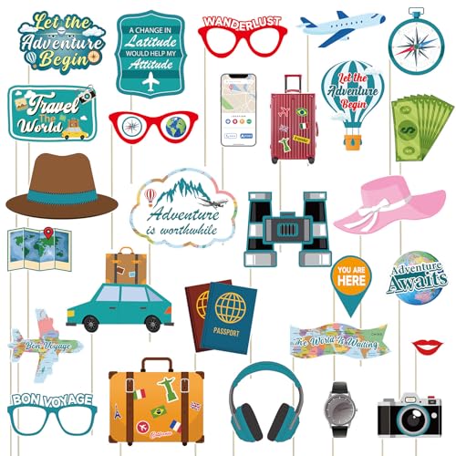 28pcs Travel Theme Photo Booth Props Let The Adventure Begin Decorations Bon Voyage Party Photo Props for Graduation Trave...