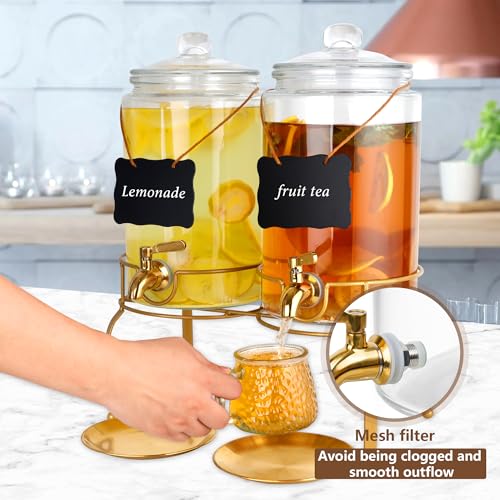 Drink Dispensers for Parties, 2 Pack 1 Gallon Beverage Dispenser with Stand, Drink Dispenser With Glass Lid, juice dispens...