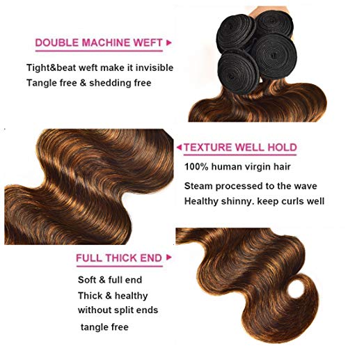 UNice Ombre Brown Highlight Body Wave Human Hair Weave 1 bundle 24 inch, Brazilian Remy Hair Dark Root Blonde Human Hair Weaves Extension Piano Color TFB30
