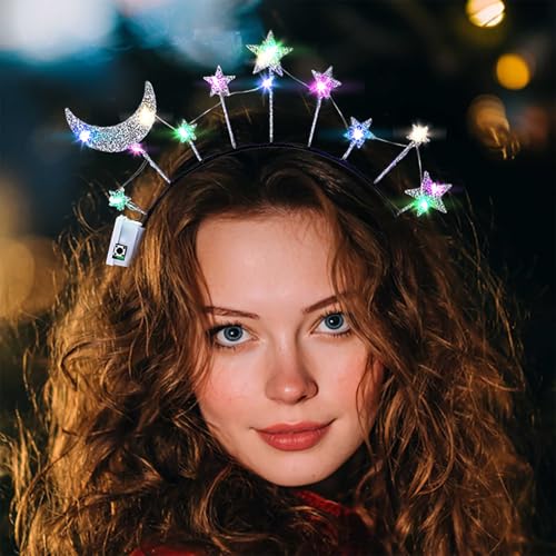 Olbye Light up Moon Star Headband Glitter Halo Headbands Flashing Headpiece Glow in Dark Hairbands Led Festival Hair Acces...