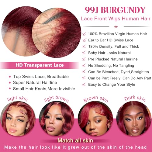 99j Burgundy Body Wave Lace Front Wigs Human Hair 13x6 HD Transparent Lace 180% Density Wine Red Colored 22 Inch