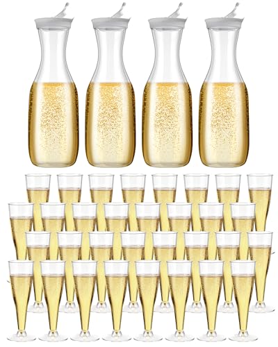 Rtteri 64 Pcs Mimosa Bar Supplies 4 Count Large 50 oz Plastic Water Carafe with Flip Top Lid, 60 Count 4.5 oz Clear Plasti...