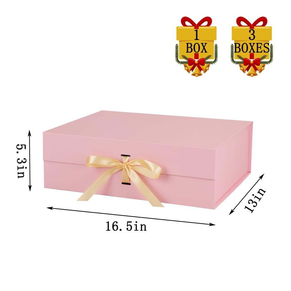 Skivra Large Pink Gift Box with Ribbon - 16.5x13x5.3 Inch Extra Large Collapsible Luxury Gift Box for Mother's Day with Magnetic Closure & Shredded Paper Filler