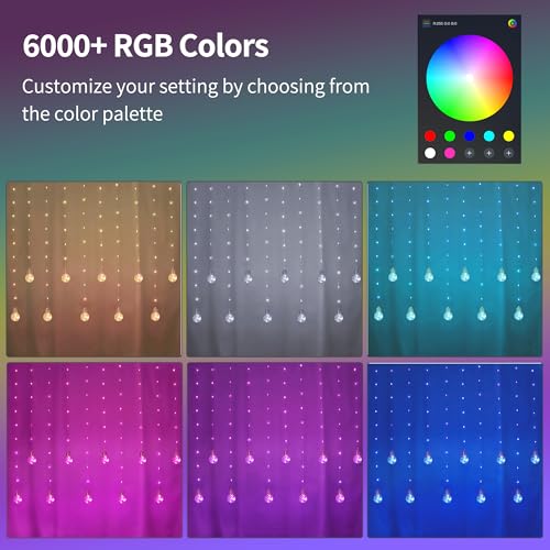 Color Changing Wishing Ball Curtain Lights, 9.8 x 3.3 FT RGB LED Fairy Light with Remote App Control, Music Sync Window Ba...
