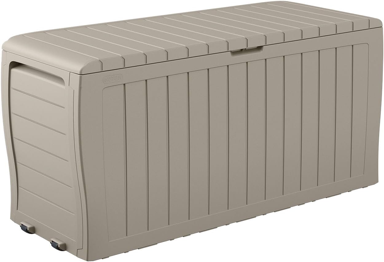 Keter Marvel Plus 71 Gallon Resin Deck Box-Organization and Storage for Patio Furniture Outdoor Cushions, Throw Pillows, Garden Tools and Pool Floats, Beige
