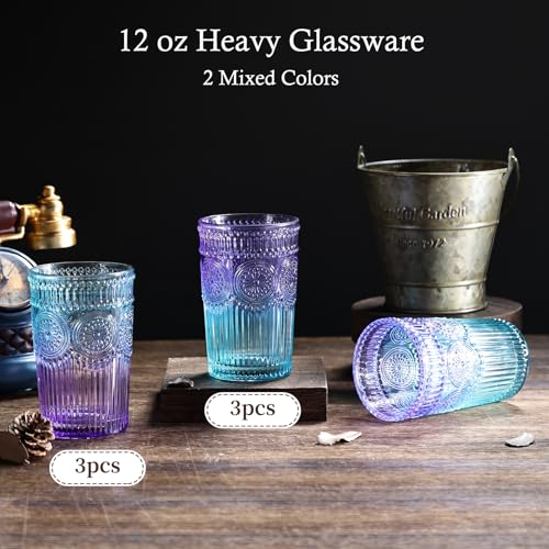 Loivttvv 6pcs Vintage Drinking Glasses Set, 12 oz Glass Cups, Embossed Ribbed Glassware Drinking Glasses for Cocktail, Wat...