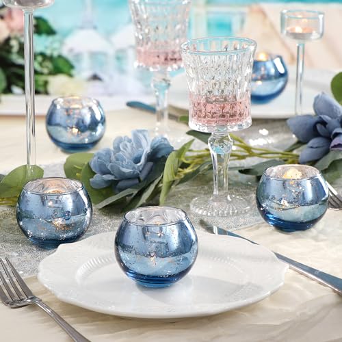 LAMORGIFT 24 Pcs Blue Votive Candle Holders Bulk- Blue Tealight Candle Holders for Wedding Decor, Mercury Glass Votives fo...