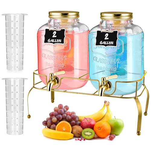 Lallisa 2 Pcs 2 Gallon Glass Drink Dispenser with Stand Ice Cylinder Hanging Chalkboard Signs 18/8 Stainless Steel Spigot ...