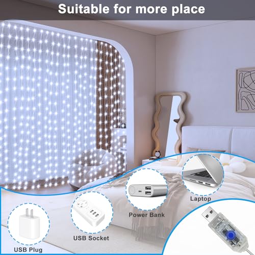 echosari Curtain Fairy Lights 300 LED Hanging Lights USB Powered Copper Curtain String Lights 9.8Ft x 9.8Ft for Wall Chris...