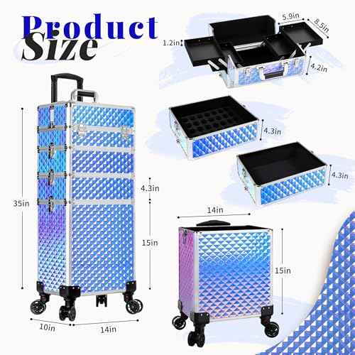AROUS Rolling Makeup Train Case 4 in 1 Cosmetology Case on Wheels Large Storage Cosmetic Trolley with Key Salon Barber Case Traveling Cart Trunk, Colorful