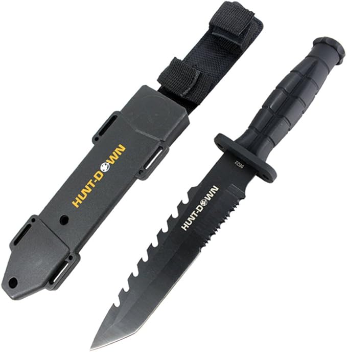 HUNT-DOWN 13" Tanto Point Hunting Knife with Plastic Sheath Grenade Design Handle