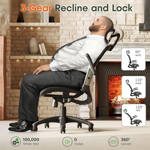 GABRYLLY Ergonomic Office Chair, High Back Home Desk Chair with Headrest, Flip-Up Arms, 90-120° Tilt Lock and Wide Cushio...