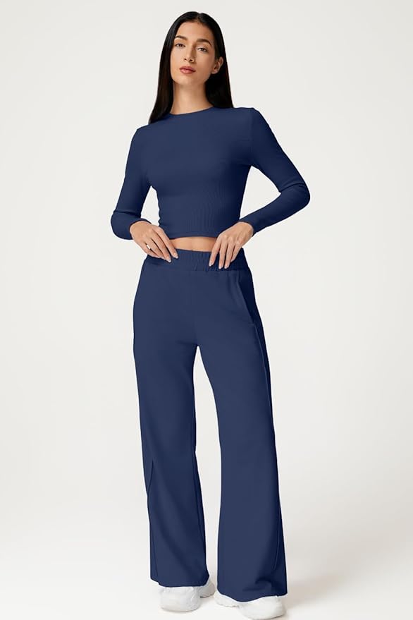 QINSEN Womens 2 Piece Sets Long Sleeve Slim Fit Crop Tops Wide Leg Pants Matching Lounge Set