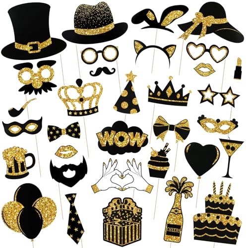 DARCKLE 36PCS Black and Gold Photo Booth Prop, Party Photo Booth Props for Photoshoot Birthday Party Photobooth New Year G...