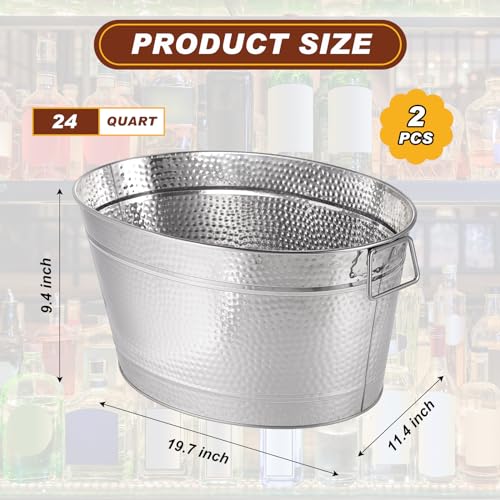 Uiifan 2 Pcs 24 Quart 6 Gallon Hammered Stainless Steel Beverage Tub Heavy Duty Oval Metal Large Ice Bucket for Drinks Buc...