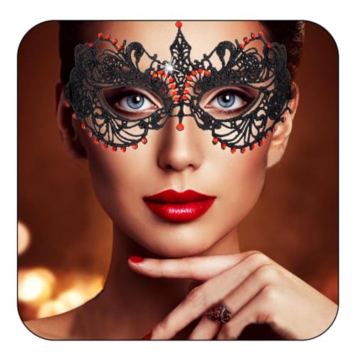Flimire Masquerade Mask for Women Black Rhinestone Lace Mask Mardi Gras Costume Party Eye Mask