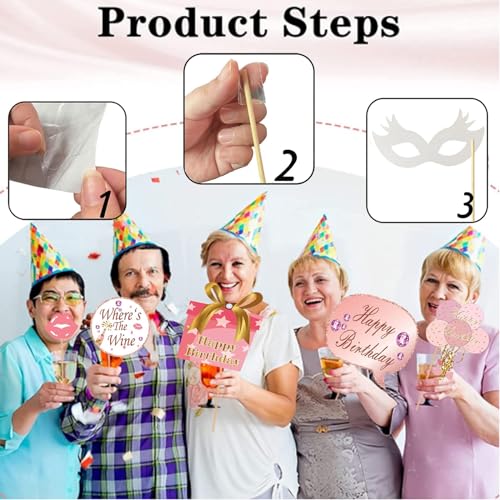 33PCS Glitter Birthday Photo Booth Props, LMSHOWOWO Rose Gold Party Photobooth Props Fun Selfie Props with Lips, Crowns, F...