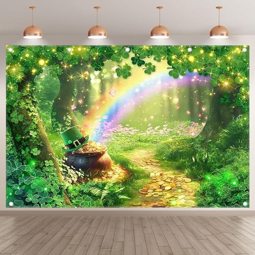 ZTHMOE Fabric 12x8ft St. Patrick's Day Photography Backdrop Spring Forest Rainbow Shamrock Gold Coins Background Festival ...
