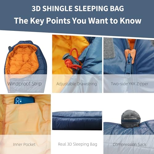 Mountainlodge 3-4 Seasons Shingle Sleeping Bag 15℉ with Inner Pocket for Adult,Perfect for Backpacking,Traveling and Hikin...