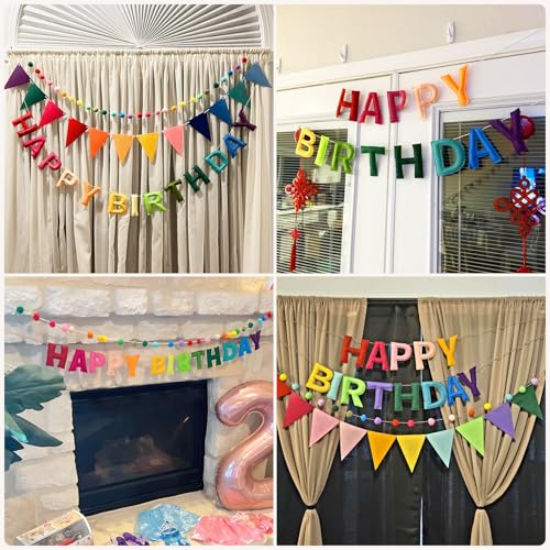 4PCS Pre-Strung Happy Birthday Banner - Felt Happy Birthday Garland, Ball Garland, Felt Pennant Flag, Colorful Thread Tass...