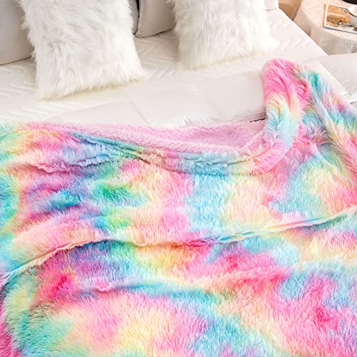 DANGTOP Fuzzy Faux Fur Throw Blanket, Tie Dye Fluffy Blanket, Super Soft Rainbow Blanket for Girls, Luxury Cozy Warm Plush...