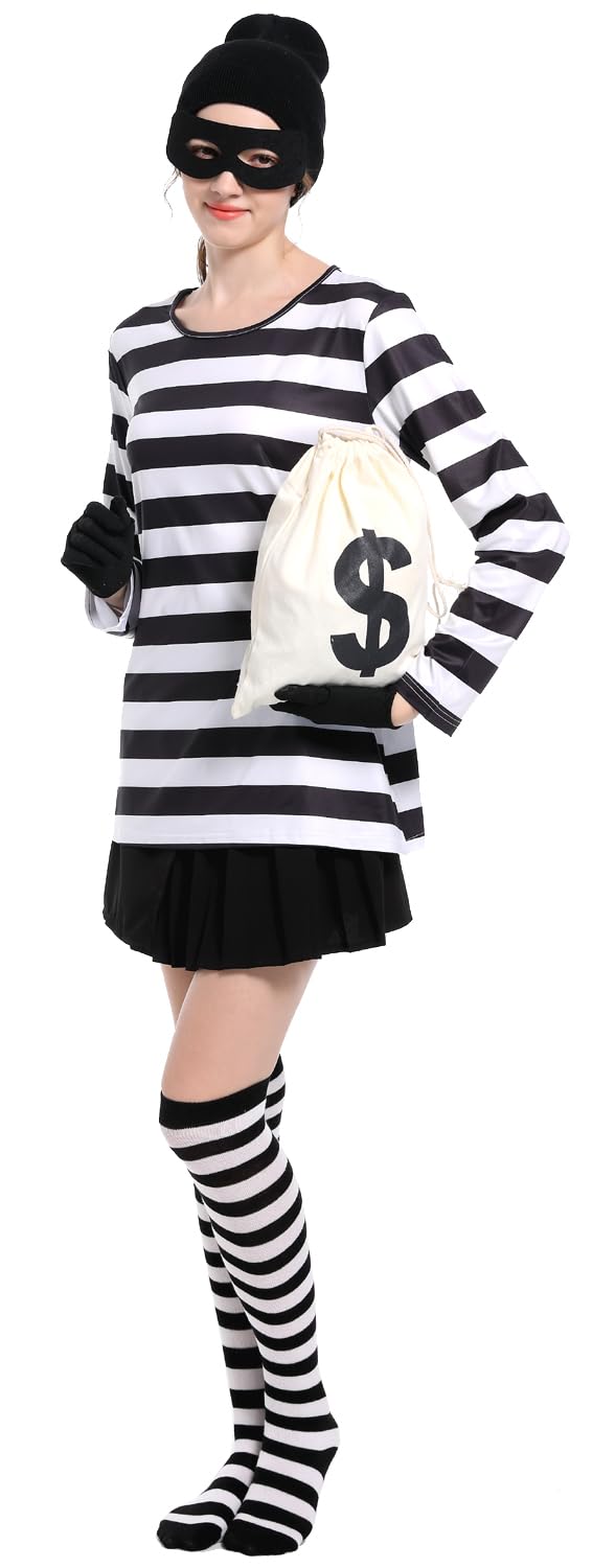 Eledvb Adult Women's Robber Costume Set Black and White Striped T-Shirt Thief Accessories for Halloween Cosplay Costume