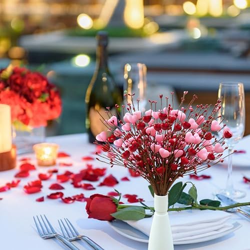 zjlmit Valentine's Day Picks, 12 Pieces Artificial Pink Heart Shaped Berry Branches, 17.7 Inch Valentine's Day Heart Picks...